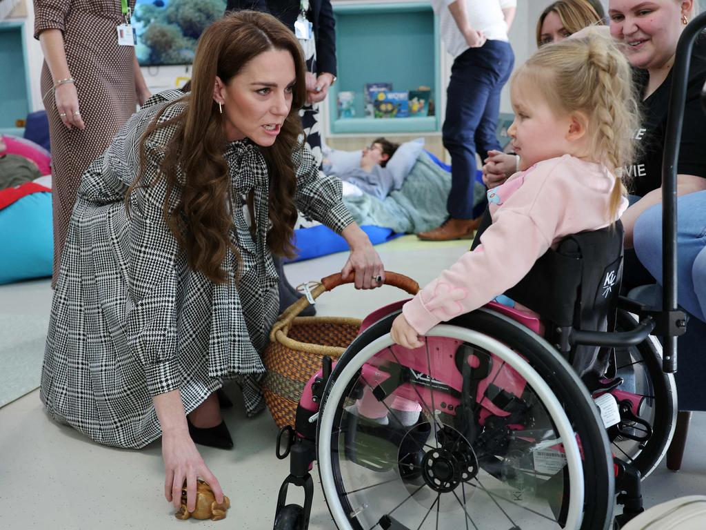 Catherine, Princess of Wales meets 3 year old Dani-Rae during a visit to Ty Hafan, a children’s hospice based in Sully, near Cardiff, which supports families in Wales. Picture: AFP