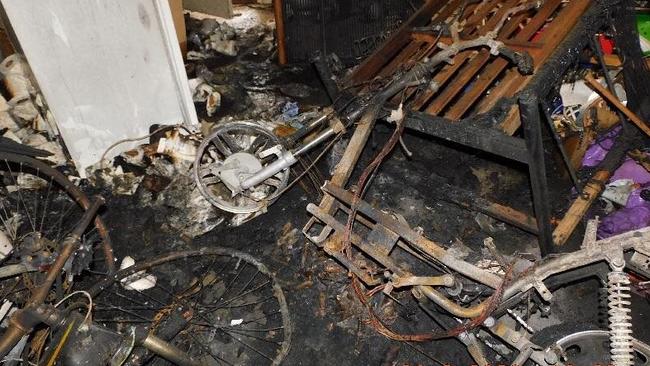 A charred e-bike which started a fire at a Melbourne property. Source: FRV