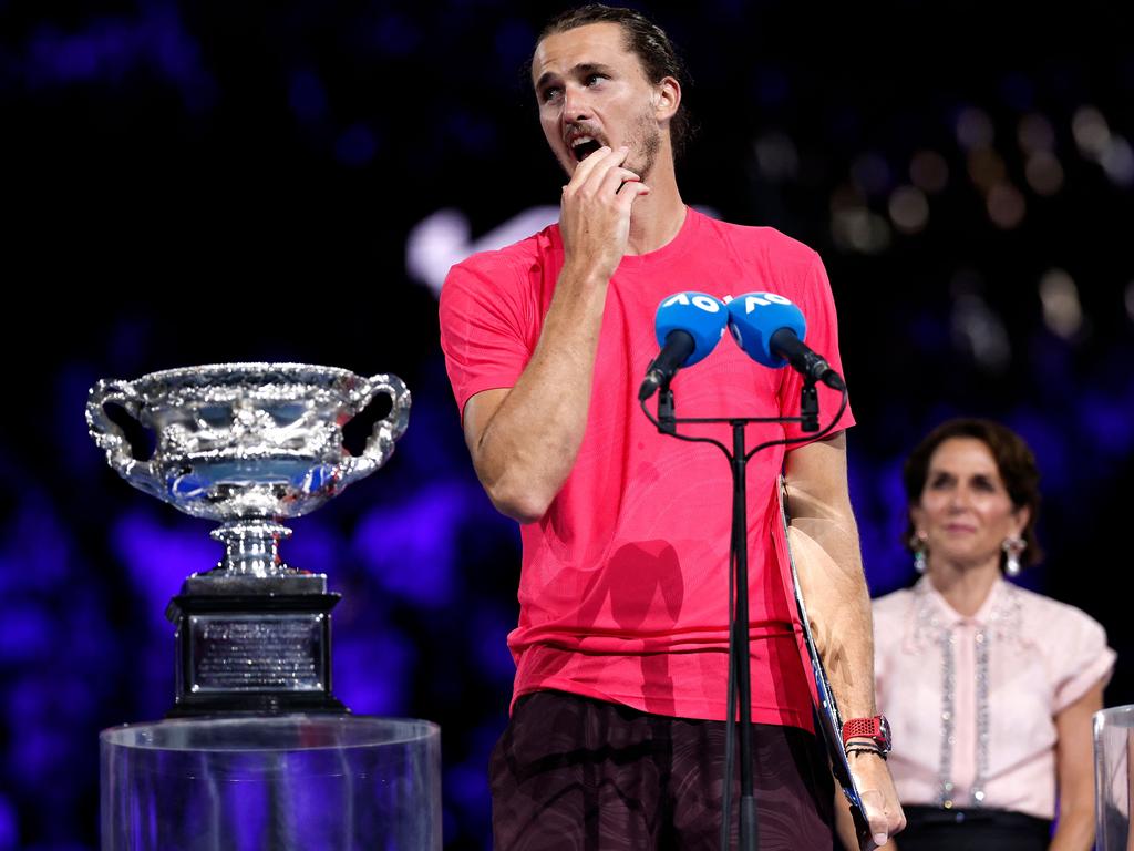 Alexander Zverev was subject to a heckler as he was about to speak after his final loss. Picture: Martin KEEP / AFP