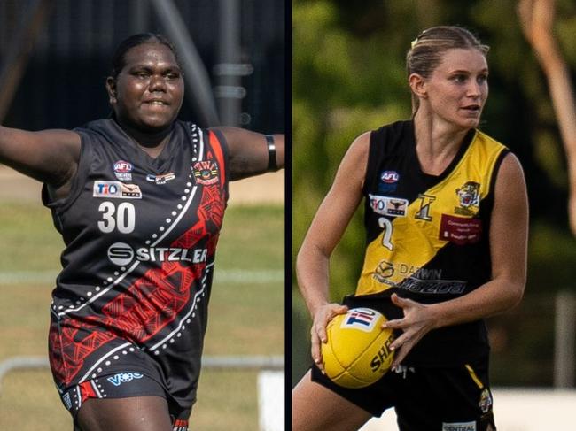 Jelena Tipungwuti for the Tiwi Bombers and Sophie Hatzismalis for the Nightcliff Tigers in the 2024-25 NTFL season.