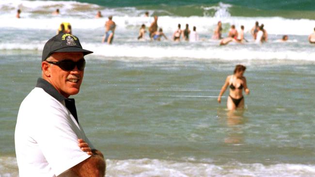 Chief Lifeguard Warren Young at Burleigh Heads Beach in 1996. Picture: Paul Riley.