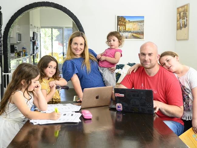 Candice Meisels and husband Michael with their three daughters Chloe (Elephant top 9), Hannah (Scooter 7) and Abby (white fairy dress 5) Talya (pink top 2)Candice and Micheal are now both working from home and their kids' daycare and school has closed.They have FIVE children (1not pictured)Picture's Darren Leigh Roberts