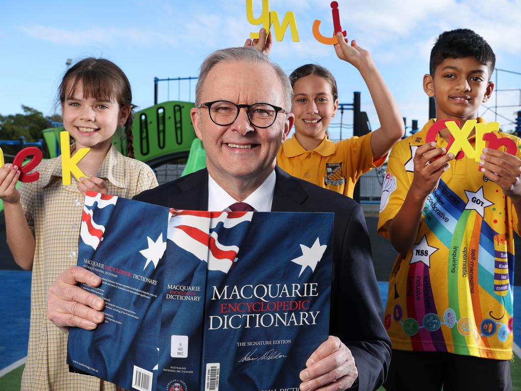 Embargoed for the editorial launch of the Prime Minister's Spelling Bee, Sunday 21 July, please DO NOT USE. We have permission for ONE USE ONLY, these images are ONLY to be used in relation to Nundah State School's hosting of the PM's visit for the 2024 Bee launch.

Prime Minister Anthony Albanese with Nundah State School students Matilda Sedgman, 8, year 3; Zoe Caporale, 10, year 5; and Avhi Hejeebu, 11, year 6; Prime Minister's Spelling Bee launch. Picture: Liam Kidston