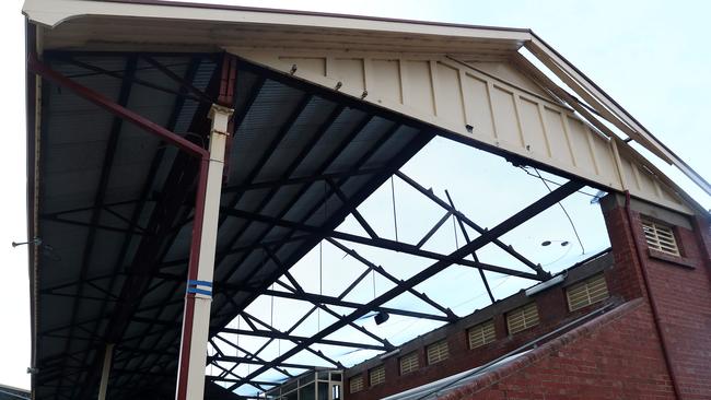 Damage to the HY Sparks grandstand at Glenelg Oval after the December 28 storm. Picture: Calum Robertson