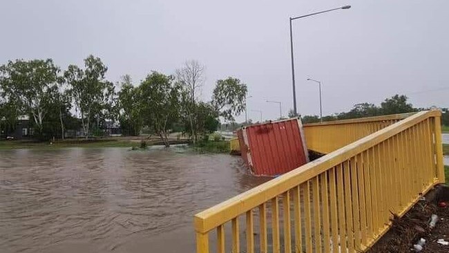 A shipping container was swept away by flood waters along Elrundie Ave, Durack. Picture: Facebook