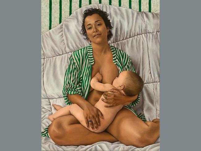 New Madonna by Brittany Jones is a self-portrait including her son. The first-time Archibald finalist said: “I chose to include my son in this self-portrait to commemorate his life with me earthside at roughly the same amount of time he spent inside before he was born. I drew inspiration for the pose from the classical depictions of the Madonna and Child.” Picture: Brittany Jones, Archibald 2025, Photo: Art Gallery of New South Wales, Jenni Carter