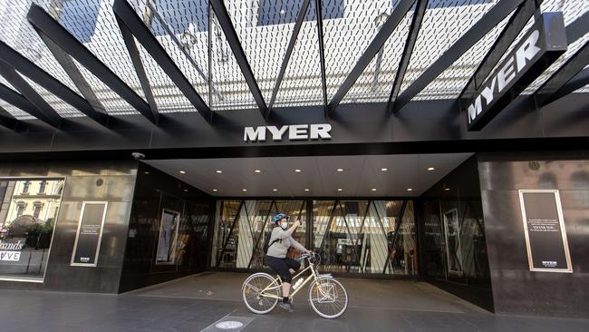 A woman rides a bicycle up a deserted Bourke st mall on Sunday afternoon. Picture: NCA NewsWire/David Geraghty