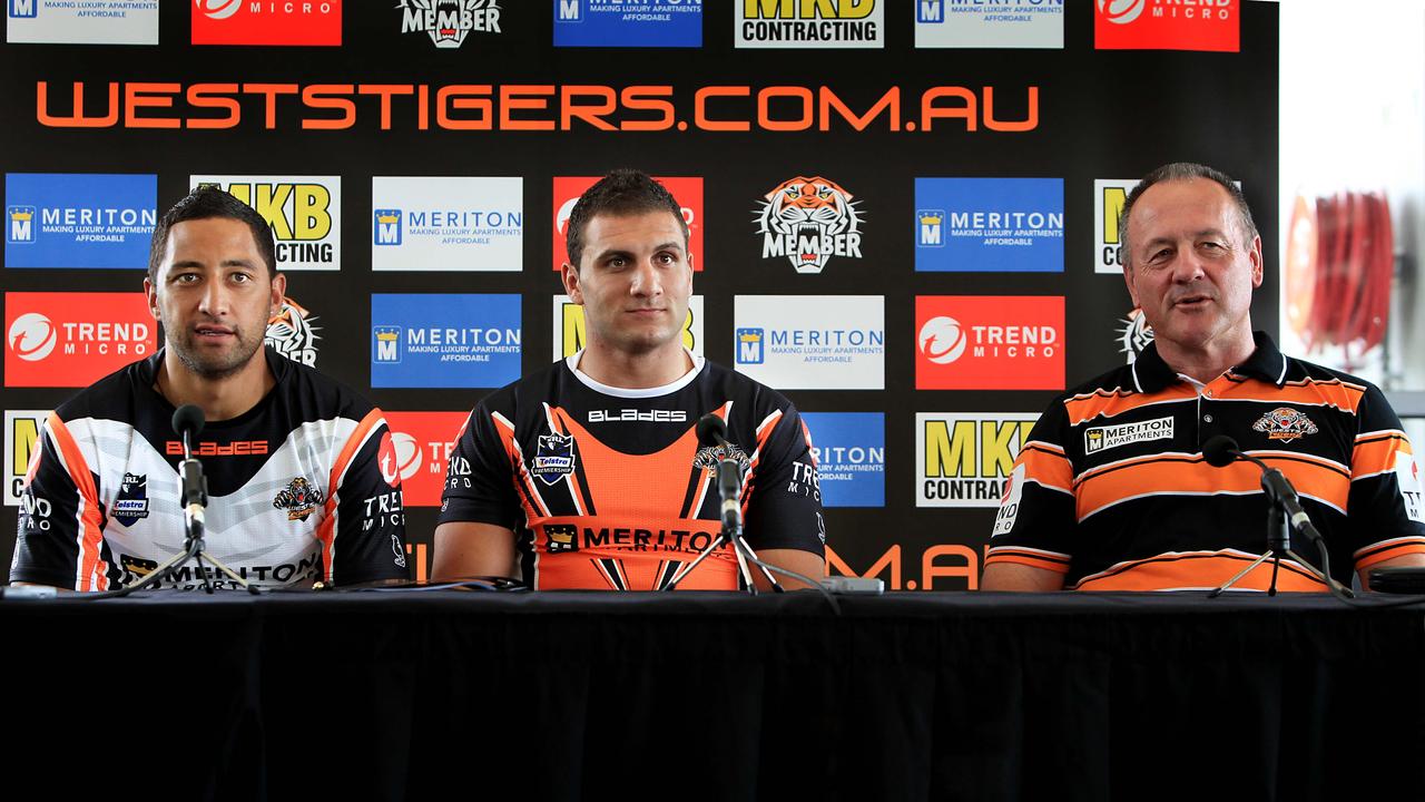 The Wests Tigers ‘Big Three’ (L-R) Benji Marshall (L), Robbie Farah and Tim Sheens.