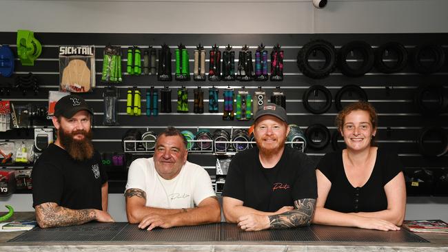 Cre8ive Sk8 team members Jacob Sharpe, Paul Hem, Nick Wilson and Femke Wilson at their new Hammett Street location. Picture: Shae Beplate.