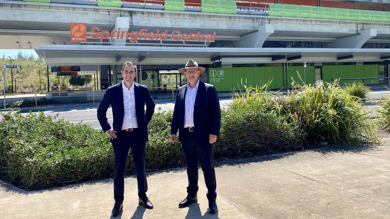 Federal Shadow Treasurer Jim Chalmers and Blair MP Shayne Neumann at Springfield Central Station on Friday morning.