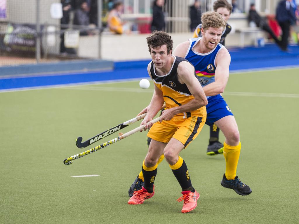 Jack Naylor (front) of Sunshine Coast against Toowoomba 1 in Hockey Queensland Championships at Clyde Park, Sunday, May 2, 2021. Picture: Kevin Farmer