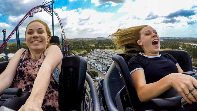 Julia Collins, 19 and Caity Konners, 19 from Morayfield on the new DC Rivals HyperCoaster at Movie World. Picture: NIGEL HALLETT