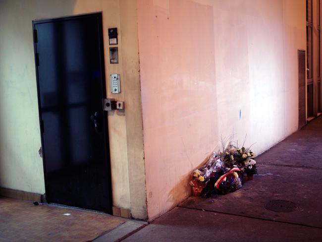 A wreath of flowers laid outside Charlie Hebdo’s former office in Paris.