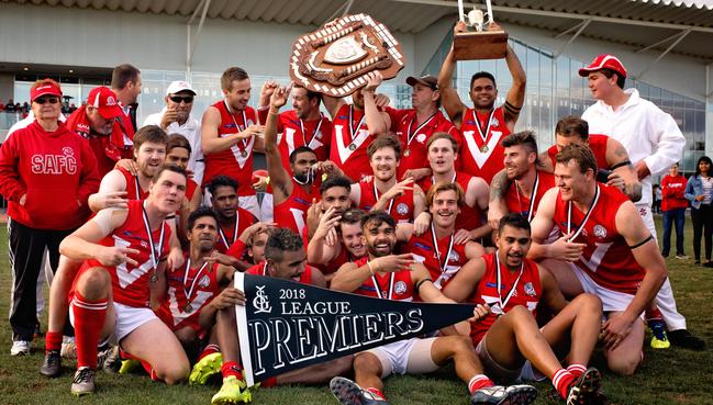 South Augusta players and support staff celebrate winning the Spencer Gulf Football League premiership. Picture: Magic Memories by Erika