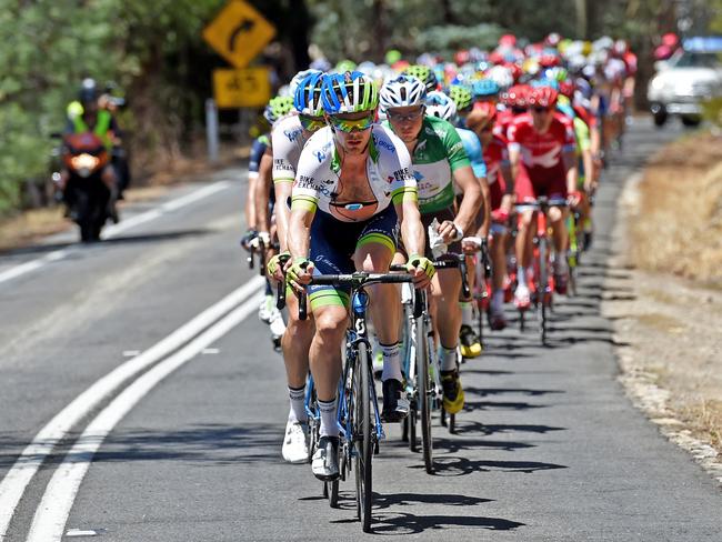 Hepburn of team Orica-GreenEdge leads the peloton on a climb during Stage 2 of this year’s Tour Down Under in Stirling.