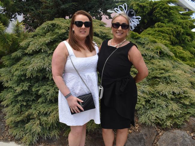 Guests in striking racewear at Penfolds Derby Day at the Flemington Racecourse on Saturday, November 02, 2024: Bec McNab and Leanne Phillips. Picture: Jack Colantuono