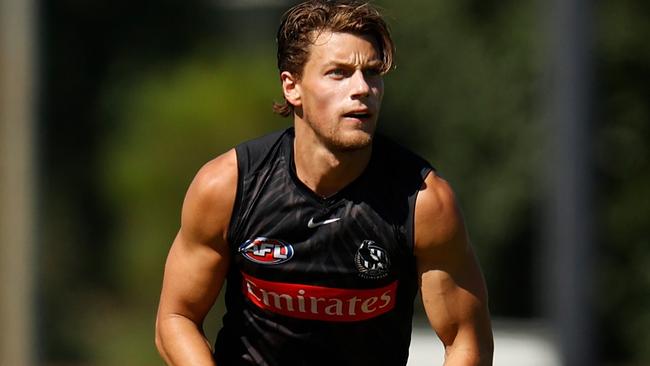 MELBOURNE, AUSTRALIA - JANUARY 21: Patrick Lipinski of the Magpies in action during the Collingwood Magpies training session at Olympic Park Oval on January 21, 2022 in Melbourne, Australia. (Photo by Michael Willson/AFL Photos via Getty Images)