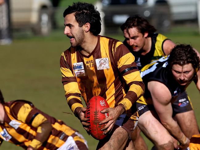 RDFNL: Lancefield v Woodend-Hesket: Jack Arceri of Woodend-Hesket at Lancefield Park on Saturday July 8, 2023 in Lancefield, Australia.Photo: Hamish Blair