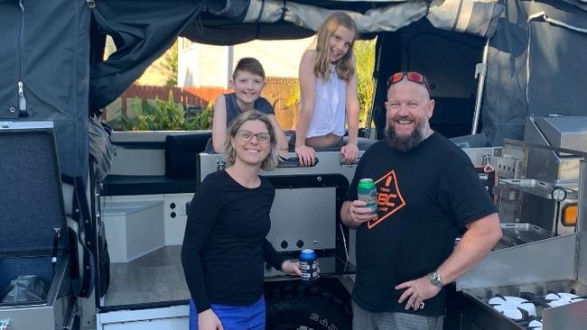 All-Star Mile owner-ambassador Harry Harborne with wife Cara and children Tom and Rose, both 12. Upgrading from a camper trailer to a caravan is on their wish list if he wins $250,000. Picture: Supplied