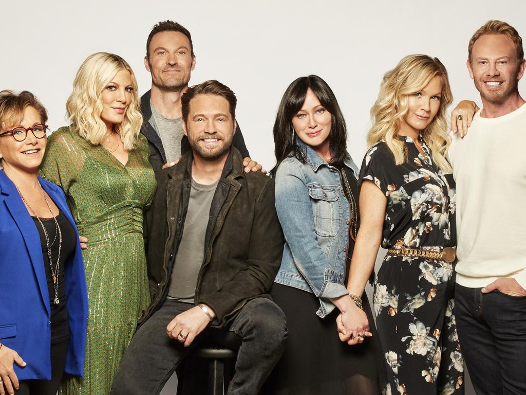 The cast (from left to right) Gabrielle Carteris, Tori Spelling, Brian Austin Green, Jason Priestley, Shannen Doherty, Jennie Garth and Ziering reprised their roles in the 2019 reboot BH90210. Picture: Brian Bowen Smith/FOX