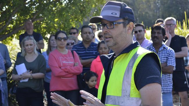 Andrew Cathcart addresses about 200 people at a peaceful protest at North Lakes Resort golf Club on July 28. Picture: David Alexander