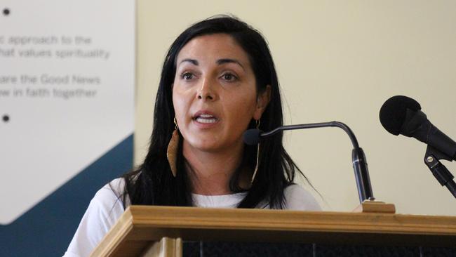 Victorian Farmers Federation horticulture president Emma Germano speaking at a community forum on modern in Mildura. Picture: EMMA FIELD