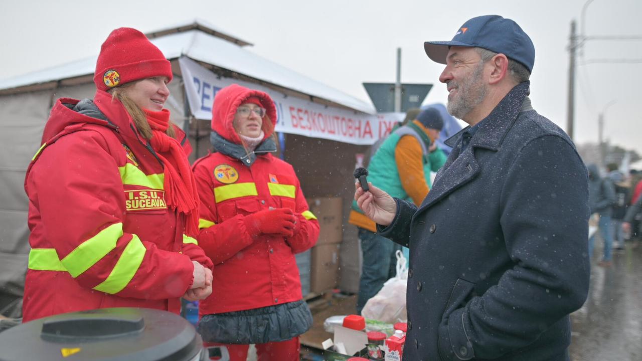 World Vision Australia CEO Daniel Wordsworth with his staff visiting the border of Ukraine and North Eastern Romania to speak with local NGA staff. Picture: Supplied