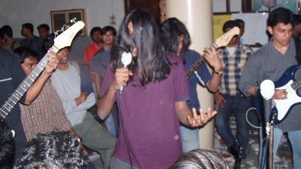 Bharat as a vocalist with his college metal band, Warhead, in February 2004.