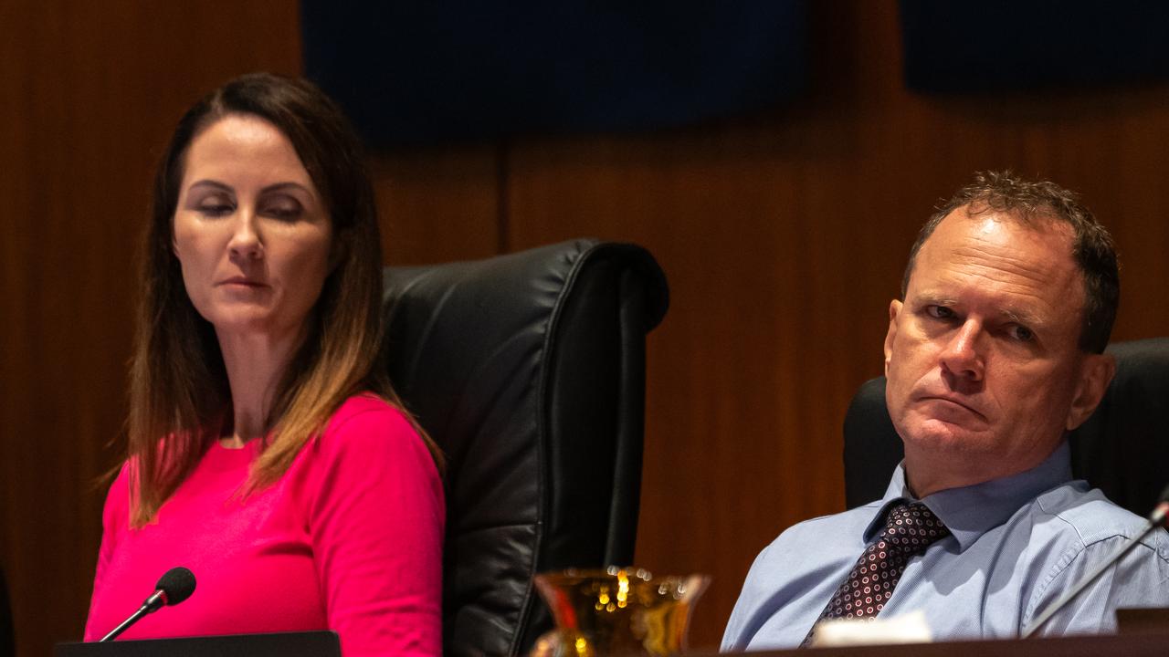 Cairns Regional Council mayor Amy Eden and her former campaign adviser-turned-acting CEO John Andrejic at ordinary Council meeting in June, 2024. Mr Andrejic, who has since been replaced, approved a number of expenses related to Ms Eden attending the AICD course earlier this year.