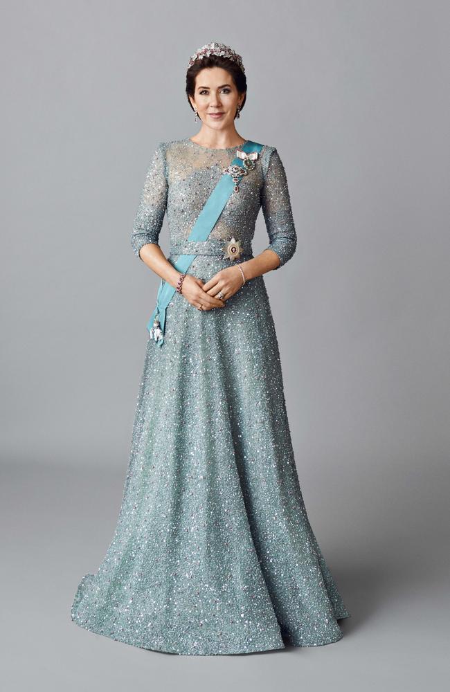 Long a champion of rewearing and remodeling her stunning gowns – could Princess Mary don the gorgeous sparkling, sky-blue sky blue gown from Danish designer, Lasse Spangenberg from her 50th birthday official portrait. Picture: Hasse Nielsen