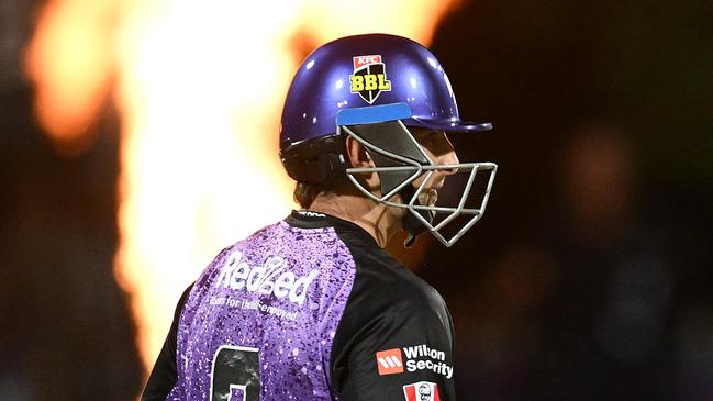 HOBART, AUSTRALIA - JANUARY 10: Tim David of the Hurricanes looks on after he hits a six during the BBL match between Hobart Hurricanes and Sydney Thunder at Blundstone Arena, on January 10, 2025, in Hobart, Australia. (Photo by Steve Bell/Getty Images)