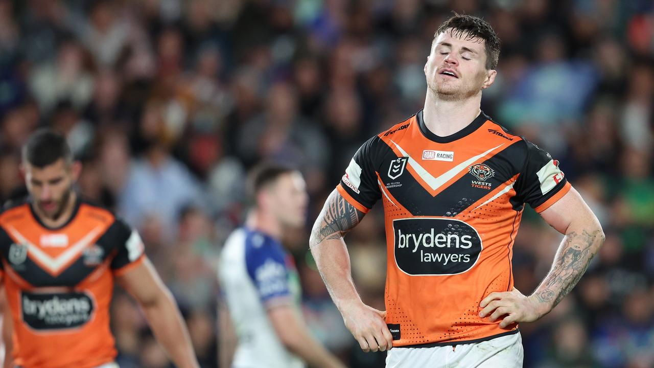 John Bateman of the Tigers looks on during the round 24 NRL match between the Warriors and the West Tigers at FMG Stadium Waikato on August 12, 2023 in Hamilton, New Zealand. (Photo by Michael Bradley/Getty Images)