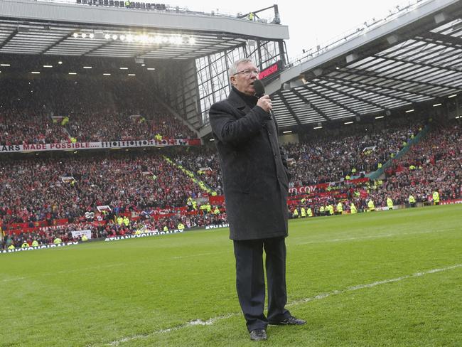 Sir Alex Ferguson addresses the Old Trafford crowd as his Manchester United era comes to an end. Picture: John Peters/Manchester United via Getty Images