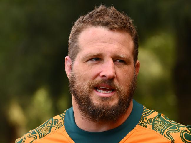 MELBOURNE, AUSTRALIA - JULY 12: James Slipper of the Wallabies speaks to media during a Wallabies media opportunity at Birrarung Marr on July 12, 2024 in Melbourne, Australia. (Photo by Morgan Hancock/Getty Images)