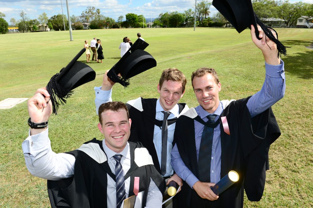 University of Queensland Gatton campus graduation ceremony for Vet Science students. From left, Nick Pretorius, Fabian Trefny, and Ashley Vermeulen. Photo: David Nielsen / The Queensland Times. Picture: David Nielsen