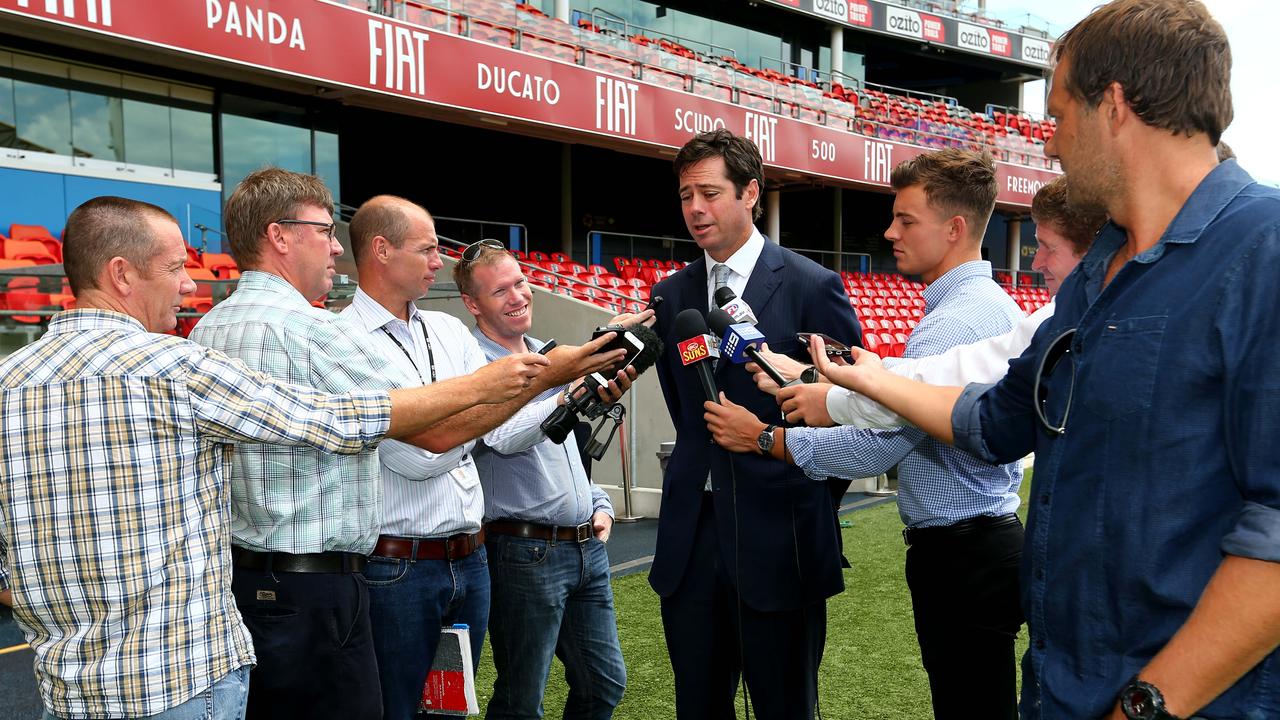 Gillon McLachlan speaks to media at Gold Coast’s Metricon Stadium.