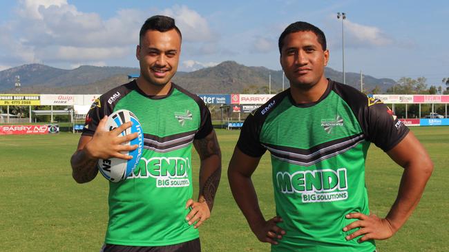 Kalifa FaiFai-Loa with Levi Dodd after the pair first signed with the Townsville Blackhawks. Picture: Blackhawks Media