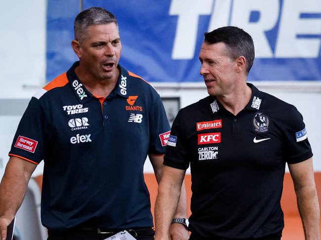 Adam Kingsley and Craig McRae exchange words post game. Picture: Getty Images