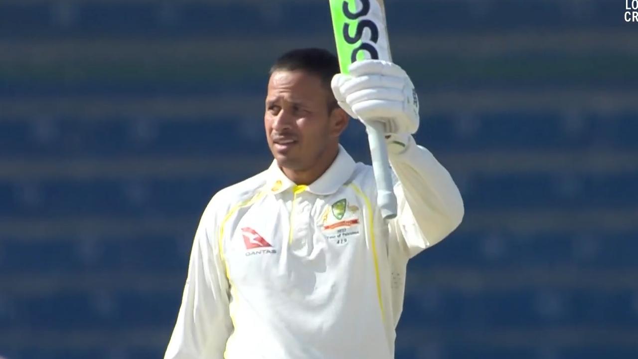 Usman Khawaja raises his bat in Karachi. Photo: Kayo, Fox Sports.