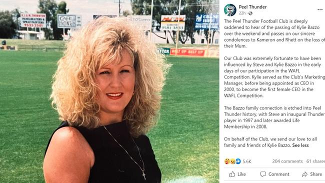 Kylie Bazzo became the first female WAFL club CEO in 2000 when she was appointed at Peel Thunder, where her late husband Steve played 58 games for the club.