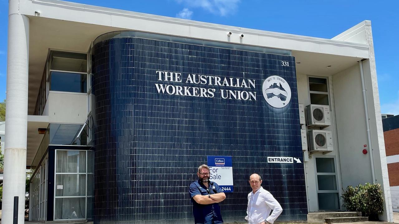 Australian Workers Union northern district secretary Jim Wilson and Collier Townsville sales executive Shaun McLaren at the Australian Workers Union building at 331-339 Sturt St, which is currently for sale. Picture: Supplied.