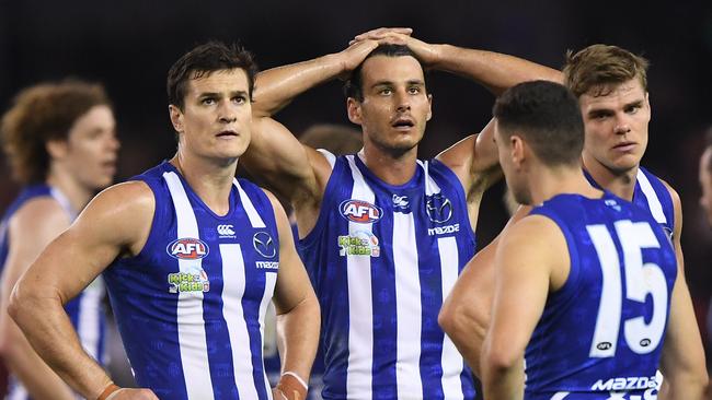 North Melbourne put in a dismal performance on Good Friday against Essendon. Picture: AAP Image/Julian Smith. 