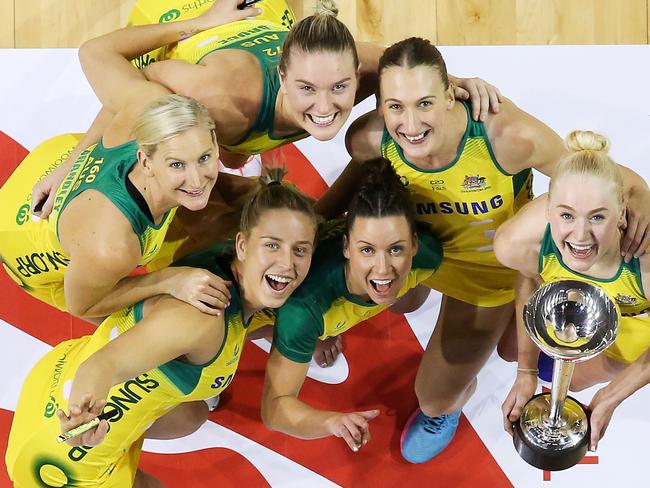 WELLINGTON, NEW ZEALAND - OCTOBER 18:  L to R, April Brandley, Jamie-Lee Price, Courtney Bruce, Kelsey Browne, Emily Mannix and Jo Weston of Australia pose with the Constellation Cup after winning the International Test and Constellation Cup match between the Australia Diamonds and the New Zealand Silver Ferns at TSB Arena on October 18, 2018 in Wellington, New Zealand.  (Photo by Hagen Hopkins/Getty Images)