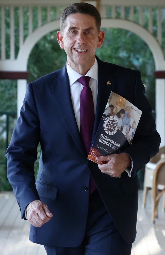 Treasurer Cameron Dick with his 2023-24 budget at Parliament House in Brisbane. Picture: Liam Kidston