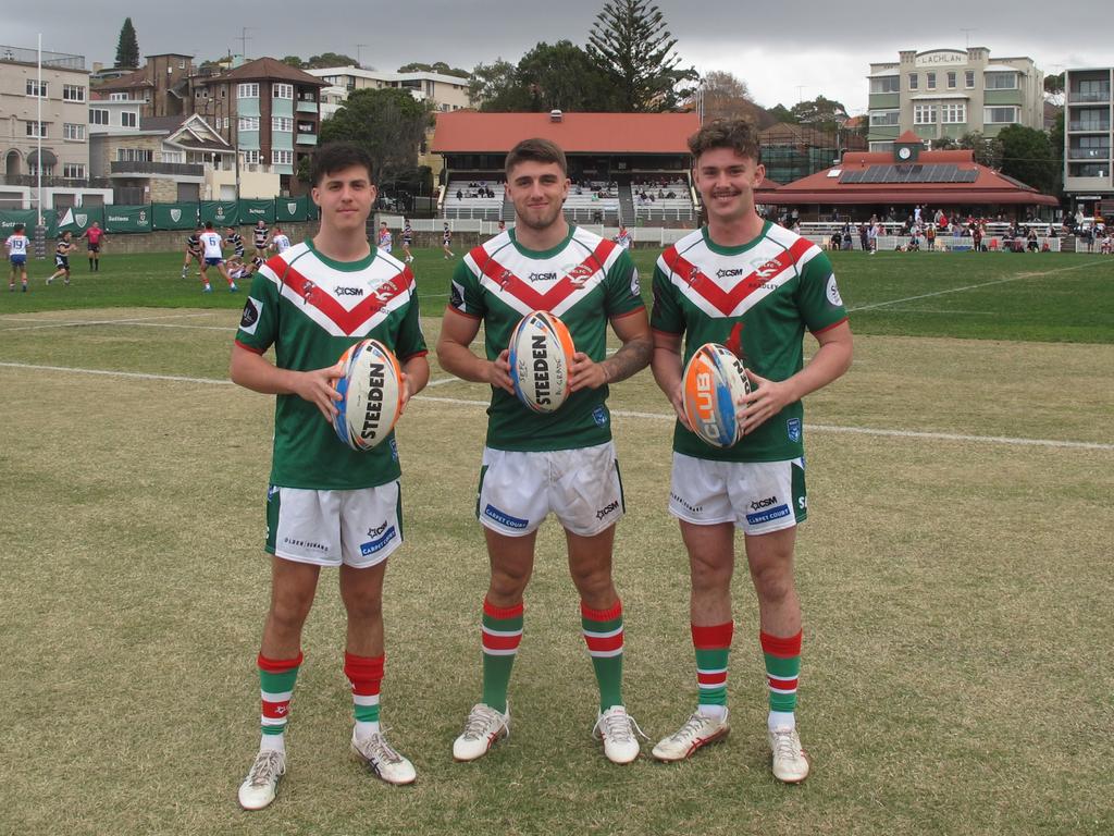 Lachlan Scott, Bailey Neville and Zac Williams of the South Eastern reserve grade team in the Souths Juniors competition. Picture: Contributed