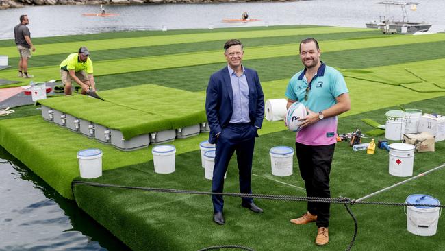 Aqua Rugby chairman Shane Anderton and Jimmy Galvin co-founder on one of the fields in Manly. Picture: Nikki Short