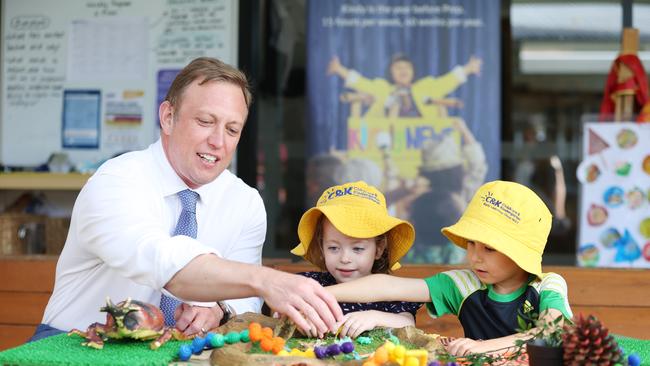 Incoming Queensland premier Steven Miles, meets voters of the future in Brisbane. Picture Annette Dew