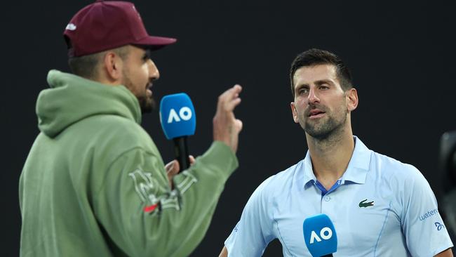 Novak Djokovic is interviewed by Nick Kyrgios after his quarter-final win over Taylor Fritz. Picture: Getty Images