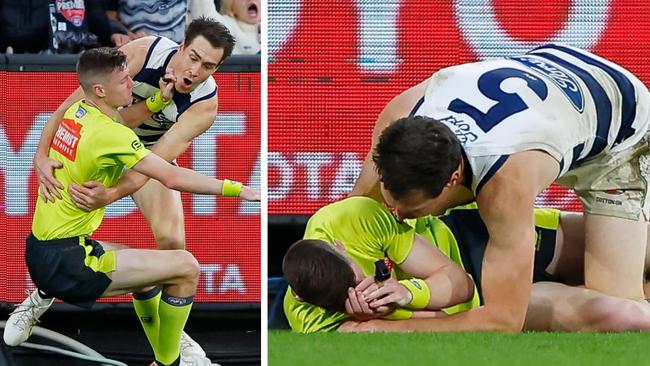 Jeremy Cameron and boundary umpire Matthew Tomkins collided heavily at the MCG.