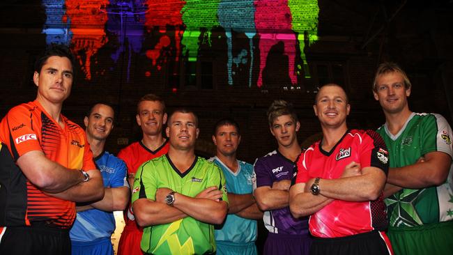  Cricket team captains (L-R) Marcus North of Perth Scorchers, Michael Klinger of Adelaide Strikers, Andrew McDonald of Melbourne Renegades, David Warner of Sydney Thunder, James Hopes of Brisbane Heat, Tim Paine of Hobart Hurricanes, Brad Haddin of Sydney Sixers and Cameron White of Melbourne Stars at the launch of the Twenty20 Big Bash competition at the CarriageWorks in Sydney. 